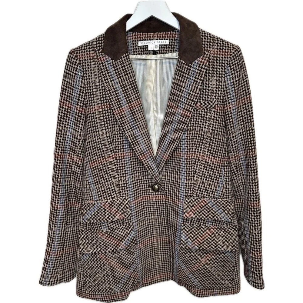 Veronica Beard Women's Destry Suede Trimmed Houndstooth Tweed Blazer Brown 6 - Picture 3 of 10